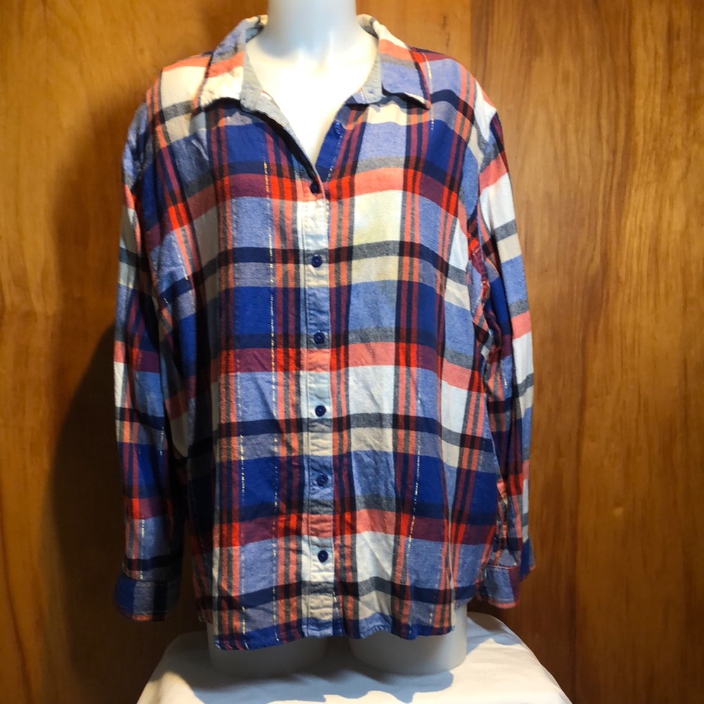 Basic Editions Flannel Shirt Blue Red Gold 3X PF - Picture 3 of 6